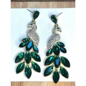 Peacock Crystal Drop Earrings With Green Gemstones